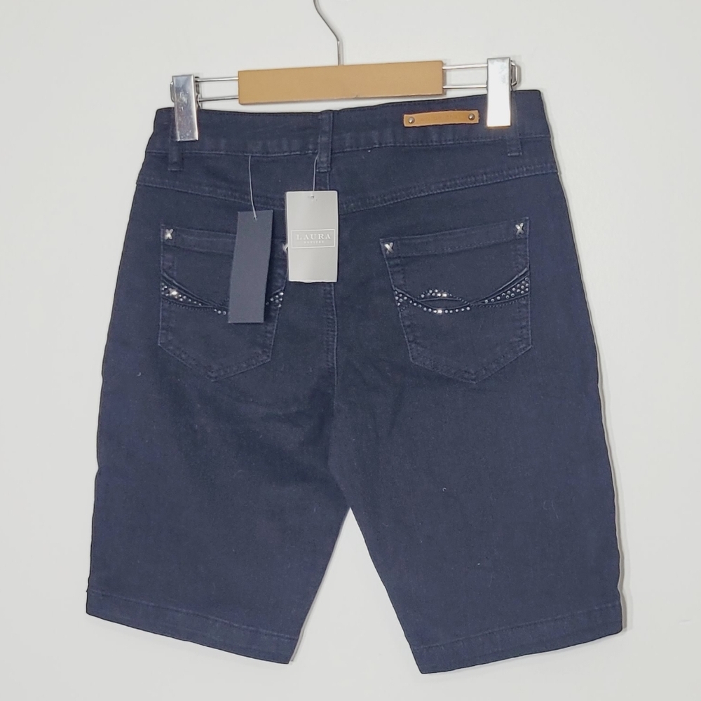 Simon Chang NEW Black Denim100% Cotton Jeans Pockets Embroidered Gems Shorts NWT - Picture 6 of 15